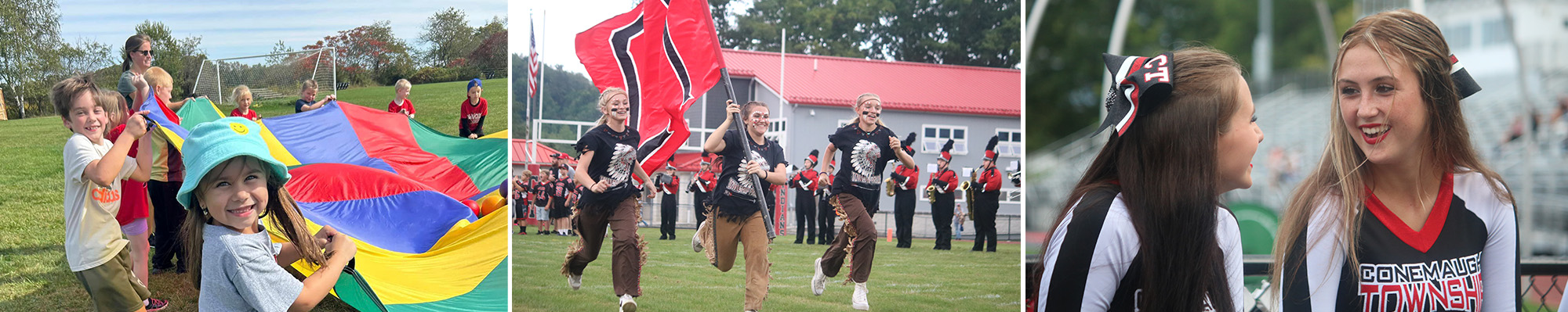 Elementary students enjoying a parachute activity outside, spirited students running with flag, and two cheerleaders